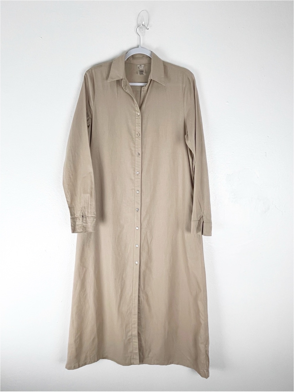 PQ Khaki Linen Blend Long Sleeve Front Button Maxi Dress Size M/L Casual Neutral
